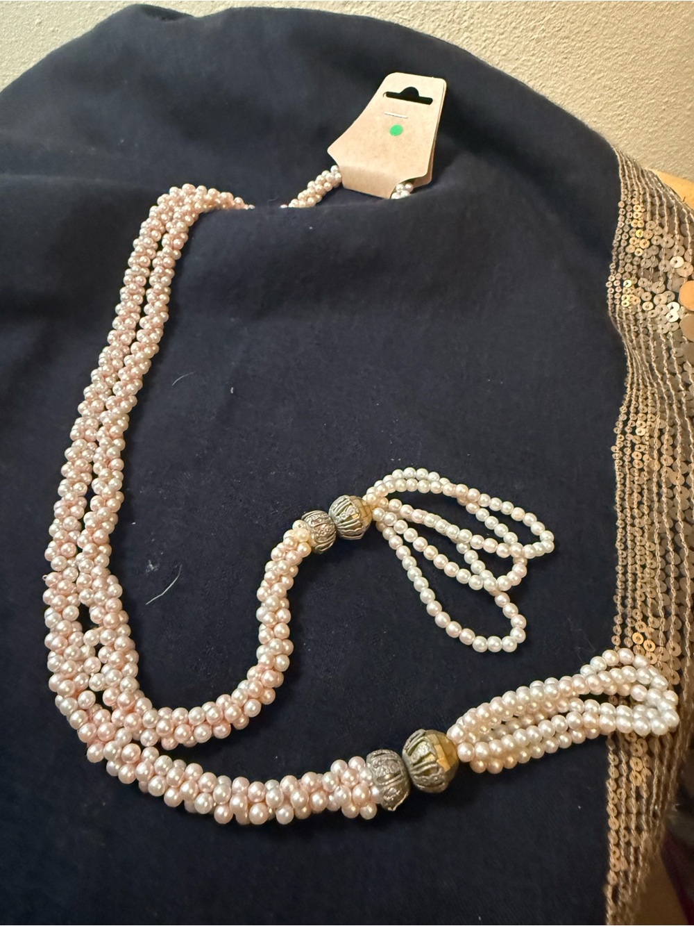 Classic Pink Faux Pearl Multi-Strand Necklace with Gold Accents